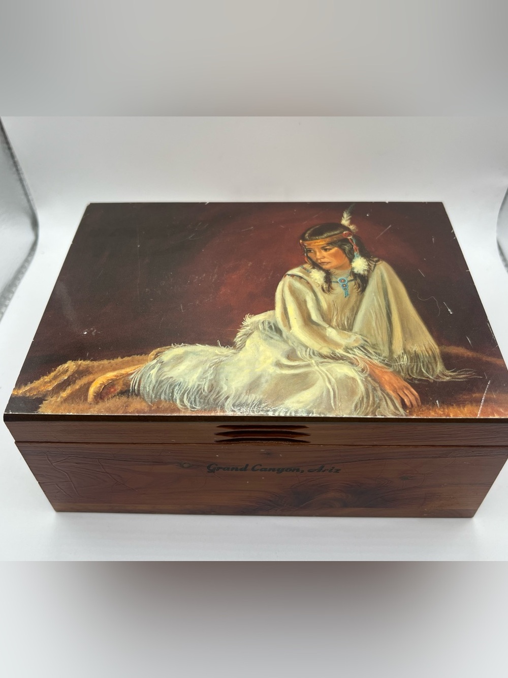 Vintage Wooden Souvenir Box with Native American Motif Artwork